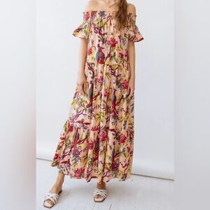 Guadalupe Tiered  Floral/Animal Peach Off The Shoulder Maxi Dress One Size